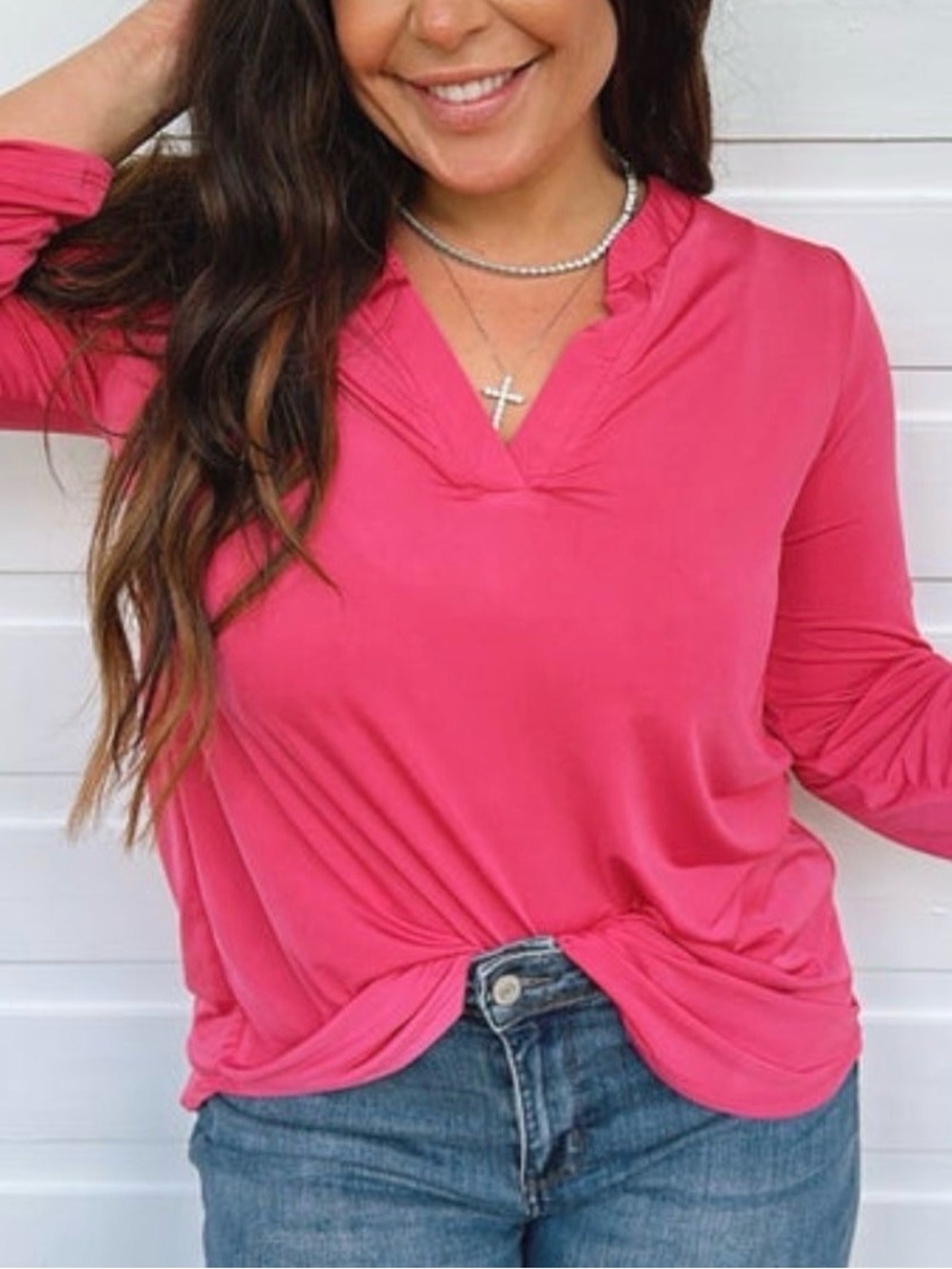 white birch Hot Pink V-Neck Long Sleeve Tunic